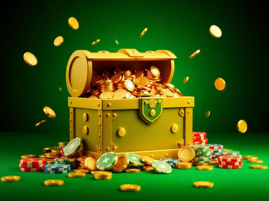 Peti harta emas penuh koin dan chip kasino sebagai ilustrasi bonus